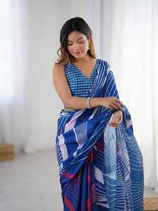 Sari moderne en polyester bleu imprimé avec des accents rouges et une bordure en dentelle miroir pour femmes, vêtements décontractés toutes saisons - Product Image 6