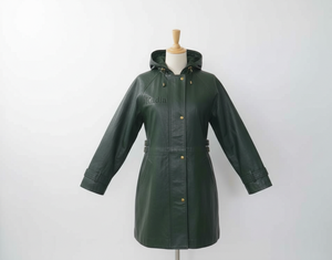 Veste coupe-vent longue à manches longues en cuir imperméable vert foncé avec doublure en coton écologique pour femme, logo personnalisé, automne - Product Image 4