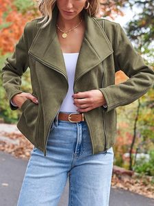 Veste moto en daim vert olive pour femme, manches longues, col en V, fermeture éclair, style automne - Product Image 3
