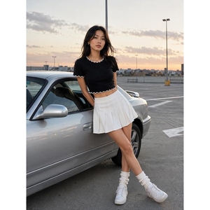 Women’s Black Ribbed <b>Crop</b> <b>Top</b> Short Sleeve Y2K Design Casual High Stretch Tee for Women 100% Cotton - Product Image 2