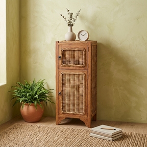 New Modern Minimalist Surabaya Wooden Storage Cabinet Natural Rattan Wicker 2 Doors Chest <b>Side</b> <b>Table</b> Storage Nightstand - Product Image 3
