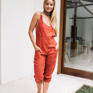 จั๊มสูทผ้าลินินสีแดงสำหรับผู้หญิง ทรงขากว้าง กระโปรงผ้าลินินแบบสวม แขน 3/4 ชุดรอมเปอร์ผ้าลินิน สำหรับใส่ไปงานปาร์ตี้ชายหาด หรือใส่ในชีวิตประจำวัน - Product Image 3