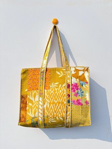 Sac fourre-tout matelassé en coton imprimé à la main, motif floral, style bohème, décontracté, avec fermeture éclair, pour la plage et les voyages, pour femmes - Product Image 2