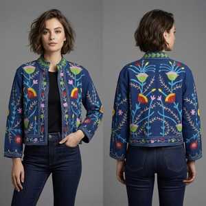 Chaqueta Corta de Mujer con Cuello Mandarín, Bordado Floral a Mano, Tejido de Punto 100% Algodón, Estilo Boho, Invierno - Product Image 2