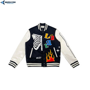 DAIZEN STAR Men Varsity <b>Jacket</b> Navy White Skulls Pattern Polyester/Cotton Windproof Sleeve Patchwork Embroidery Design Turn-down - Product Image 5