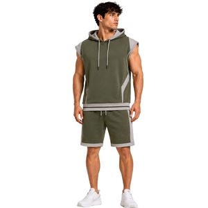 Mens Olive <b>Green</b> Light Grey Sleeveless Hooded Tracksuit <b>Set</b> Custom Logo <b>Gym</b> Fitness Training Sports Hoodie And Shorts Activewear - Product Image 2