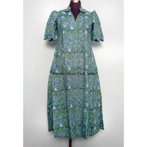 Robe midi pour femme en coton indien imprimé à la main, col en V, manches courtes, silhouette droite, idéale pour les fêtes, les vacances d'été à la plage - Product Image 3