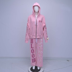 Ensemble de survêtement rose pour femme avec broderie florale, coupe ample, décontracté, sweat-shirt zippé et pantalon à motif floral - Product Image 1