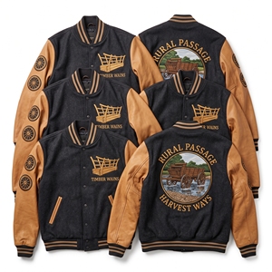 Blouson universitaire en laine marine avec broderie Village Chronometer et manches en cuir marron, style bomber, vente en gros - Product Image 5