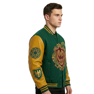 High Quality ODM OEM Customized Men’s Varsity <b>Jacket</b> Green Wool Leather <b>Jacket</b> Gold <b>Red</b> Patch Embroidery Streetwear Outerwear - Product Image 2