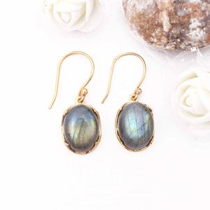 Boucles d'oreilles en pierres précieuses lisses Labradorite naturelle Boucles d'oreilles crochet tendance en laiton plaqué or rose - Product Image 2