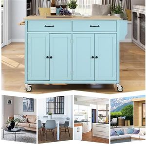 Armadio a 4 porte con piano in legno massello da cucina a isola 2 cassetti 2 ruote di bloccaggio ripiani regolabili. Include portasciugamani per spezie menta - Product Image 4