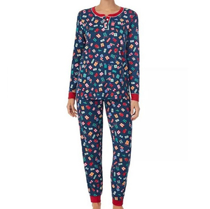 Pijama de Verano Casual de Manga Corta con Cuello Redondo para Mujer, 100% Algodón, Estampado Completo, Transpirable, Cintura Elástica Suave, Personalizable - Product Image 2