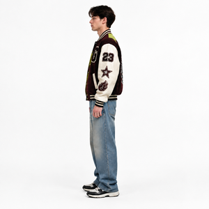 Herren 520GSM Schwere Melton-Woll-Varsity-Jacke mit Rindsleder-Ärmeln, Chenille-Aufnähern, Stickerei, Streetwear, Individuelle Buchstaben-Verzierung - Product Image 3
