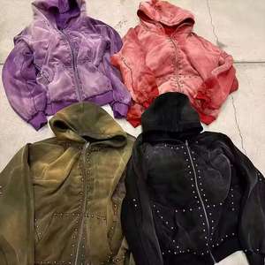 Sweat à capuche unisexe en velours avec fermeture éclair et strass, couleur unie, style décontracté, coupe régulière, effet délavé, pour homme - Product Image 1