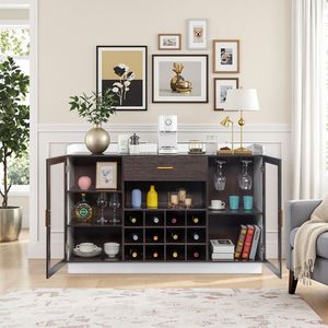 Credenza Portabottiglie per 12 Vini con Doppia Porta in Vetro, Cassetto Singolo, Telaio Nero, Pannelli Interni Bianchi e Marroni in Truciolato - Product Image 6