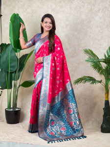 Sari de Seda Banarasi Premium con Tejido Zari, Prenda Étnica Festiva en Verde Loro, Rosa, Verde Pistacho, Morado y Violeta con Blusa sin Coser - Product Image 2