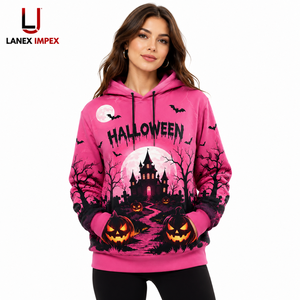 Sweat à capuche unisexe personnalisé 3D rose Halloween Maison Hantée Citrouille, pull à sublimation, streetwear gothique en polyester - Product Image 1