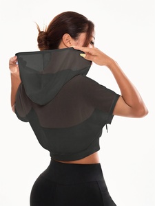 Haut court à capuche en mousseline de soie noire pour femme avec fermeture éclair, manches courtes, couleur unie, respirant, idéal pour l'été - Product Image 2