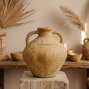Vase en terre cuite rustique jaune <span class=keywords><strong>Lela</strong></span> avec poignée, perles décoratives, pot en argile artisanal, urne décorative en céramique pour table - Product Image 4