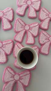 Pink Bow Punch <b>Needle</b> Coaster, pink ribbon mug rug ,Handmade Drink Coaster,Gift for Her,Punch <b>Needle</b> Drink Mat - Product Image 3