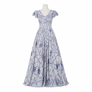 Elegant Blue White Floral Maxi Dress for Women V Neck Flutter Sleeve Long Formal Party Evening Summer Wedding Guest Gown Outfit - Product Image 1