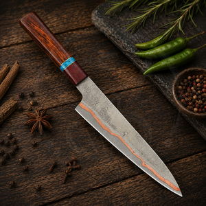 Premium Quality Copper Damascus Steel Blade Carving Knife with Long Elegant Blade <b>Wooden</b> Handle For Roast <b>Slicing</b> And Serving - Product Image 2