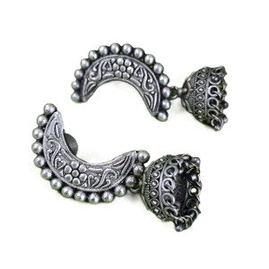 Crescent Moon Brass Oxidized Silver Bohemia Flower Drop Earrings with Bezel Setting for Anniversary Gift for Her - Product Image 1