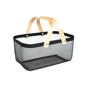 2 Tier Metal Fruit <b>Basket</b> Stand with Wooden Handle Rectangular Wire Mesh Bread <b>Vegetable</b> <b>Storage</b> Rack for Kitchen Countertop - Product Image 5