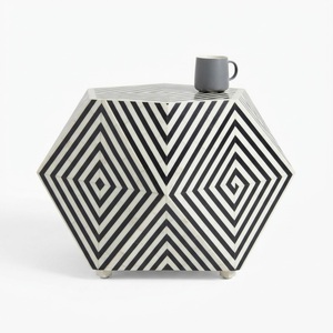 Table de chevet ronde de luxe en os incrusté, fabriquée à la main, avec motif chevron, table d'appoint cylindrique moderne avec 3 tiroirs - Product Image 6