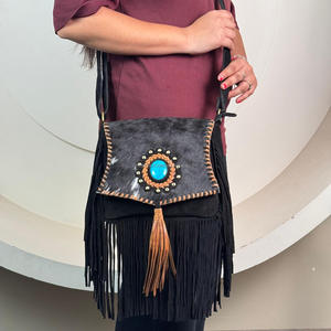 กระเป๋าสะพายข้างหนังวัวแท้คุณภาพสูงสำหรับสตรีประดับหินสีเทอร์ควอยซ์ - Product Image 4