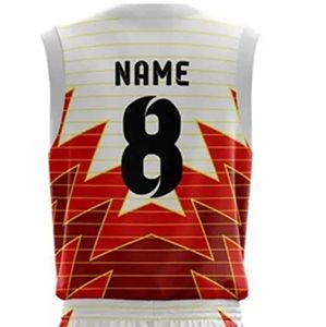 Ensemble short et maillot de basket personnalisé par sublimation, unisexe adulte, motif géométrique rouge et blanc, respirant, toutes saisons, coupe athlétique - Product Image 2