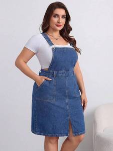 EMERY ROSE Vestido tipo peto vaquero informal de talla grande con tirantes ajustables, azul - Product Image 4