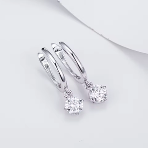 Classic Round <b>Diamond</b> Drop <b>Earrings</b> In Rhodium Plated Claw Setting For Women Engagement Style - Product Image 2