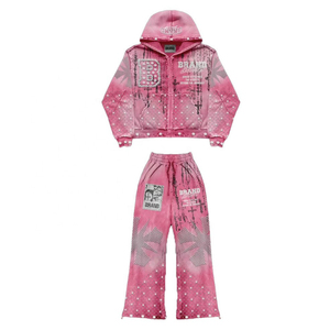 Survêtement Y2K rose tendance pour homme, en molleton épais délavé à l'acide, écoresponsable, avec sweat à capuche zippé et pantalon large, détails en strass - Product Image 1