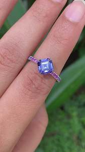 Women's Gold Sapphire Engagement Ring Asscher Cut Prong Setting Pave Band Geometric Classic Style - Product Image 5