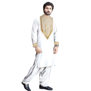 Vestidos afganos de hombre en color granate profundo de lujo, con bordados elaborados al estilo Zari dorado en el escote y las mangas. - Product Image 3