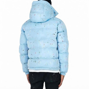 Custom Men's Premium <b>Light</b> Blue Hooded <b>Puffer</b> <b>Jacket</b> Paint Splatter Print Warm Quilted Winter Coat Thick Insulated Outdoor Parka - Product Image 4