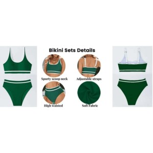 Women's <b>2</b>-<b>Piece</b> Sporty Swim <b>Set</b> O-Neck Sleeveless High Waist Shorts Green <b>White</b> Stripe Spandex Nylon Quick Dry Summer Wear - Product Image 3