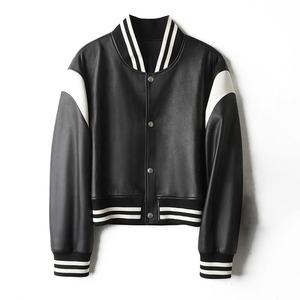 Wholesale Manufacture Black Lamb Skin Leather Bomber <b>Coat</b> Crop Real Leather Varsity Jacket For Women - Product Image 6