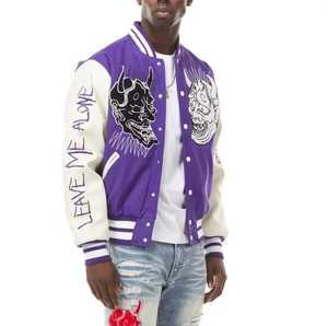 <b>Men's</b> <b>Purple</b> Varsity Jacket Embroidered Faces Streetwear Turn-down Collar Regular Fit Autumn Wear - Product Image 3