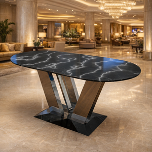 Mesa de Centro Ovalada Contemporánea de Mármol Negro con Patrón de Rayos, Base de Acero Inoxidable, Mueble de Lujo para Sala de Estar - Product Image 4