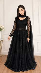 Elegant <b>Black</b> Sequin Anarkali <b>Dress</b> Floor-Length Long Sleeve Indian <b>Pakistani</b> Wedding Wear Women's Traditional Formal Gown - Product Image 2