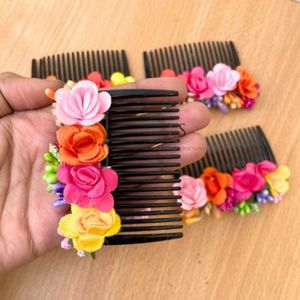 อุปกรณ์เสริมผมหวีออกแบบดอกไม้หลากสีหวีสีดำสวยสำหรับผู้หญิงสำหรับงานแต่งงาน, Mehndi, haldi, ของขวัญ Sangeet - Product Image 3
