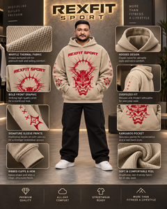 <b>Mens</b> Sand Beige Waffle Heavyweight Fleece Pullover Hoodie <b>Red</b> Mask Graphic Skulls Pattern Streetwear <b>Sweatshirt</b> Custom OEM - Product Image 3