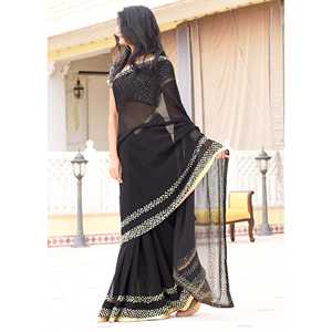 Sari noir exclusif de créateur, taille XS, en organza, avec découpe au dos et superposition transparente, taille naturelle - Product Image 6