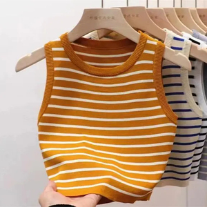 Camisetas sin mangas de verano para mujer, estilo deportivo con rayas, camisolas, tops cortos - Product Image 6