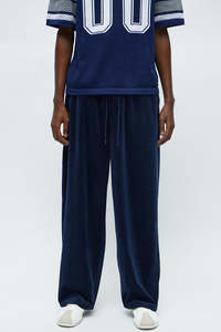 Custom Men Navy Velvet Wide Leg Pants <b>Drawstring</b> Casual Streetwear <b>Trousers</b> OEM Supplier Men's Pants & <b>Trousers</b> - Product Image 2