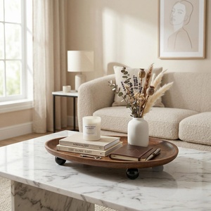 Oval Wooden Serving Tray With <b>Wheels</b> Minimalist Design Handmade Solid Wood Plate For Home Decor - Product Image 5