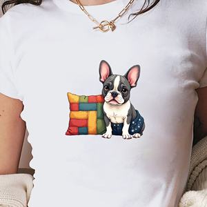 Bulldog francés con almohada de retazos Camiseta corta de moda para mujer - Product Image 2